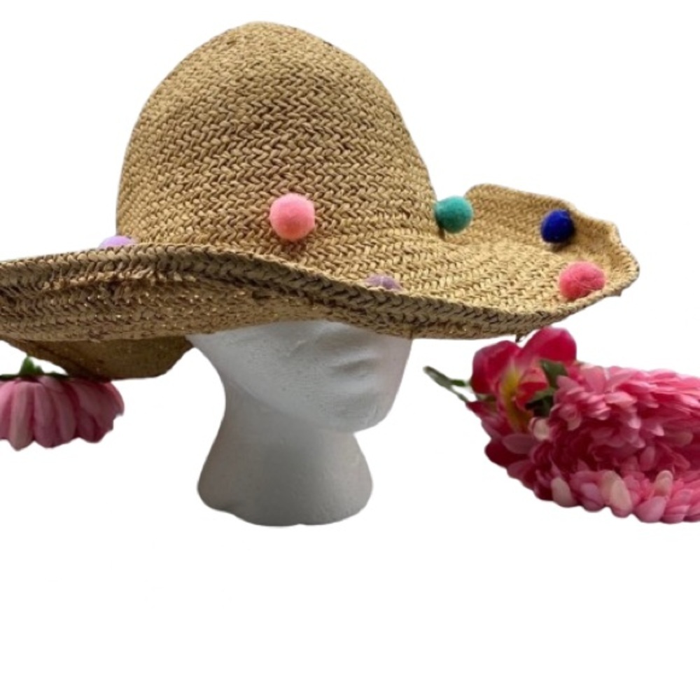 Paper Straw Pom Pom Hat Foldable Cruise Vacation Sunny